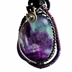Natural Rainbow Fluorite Wire Wrapped Pendant Necklace, Purple Teal Gemstone
